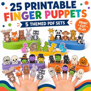 Puede incluir: Una colección de 25 marionetas de dedo imprimibles organizadas en 5 sets PDF temáticos. Las marionetas presentan ilustraciones coloridas de animales, dinosaurios y personajes de Halloween, con el texto 25 PRINTABLE FINGER PUPPETS y PRINT CUT PLAY.