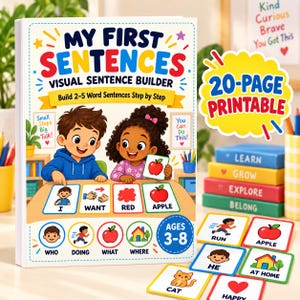 Peut inclure: Un livre My First Sentences, constructeur de phrases visuel pour les 3-8 ans, illustré avec un garçon et une fille. La couverture affiche le texte My First Sentences, Visual Sentence Builder et Build 2-5 Word Sentences Step by Step.
