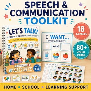 Puede incluir: Un kit de herramientas de habla y comunicación que incluye un libro de espiral titulado Let's Talk, un tablero cuadrado I Want para construir peticiones y varias hojas de tarjetas visuales. Los materiales incluyen ilustraciones coloridas de niños.