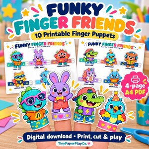 May include: A digital download set of Funky Finger Friends featuring 10 printable finger puppets. The collection includes colorful characters like a disco dinosaur, bubble bunny, and skater crocodile, presented on A4 sheets for printing and cutting.