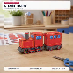 May include: An assembled 3D paper craft steam train toy featuring a red locomotive with a gray smokestack and a matching red passenger car. The train has blue windows and wheels with red spokes. A printed paper sheet is visible in the background.