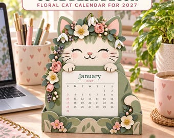 2027 Floral Cat Desk Calendar Printable, Reusable Paper Stand (A4 DIY Craft)