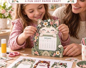 2027 Floral Cat Desk Calendar Printable, Reusable Paper Stand (A4 DIY Craft)