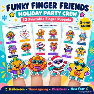 Może przedstawiać: Zestaw 12 pacynek na palce do druku pod tytułem Funky Finger Friends Holiday Party Crew, przedstawiony na trzech stronach A4. Postacie obejmują dynię, ducha, ciasto, stracha na wróble, piernik, robota, kota, indyka, Mikołaja, renifera, pingwina i gwiazdkę.
