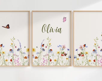 Set of 3 Personalized Wildflower Name Wall Art, Custom Nursery Decor, Kids Room Decor, Baby Girl Gift, Digital Printable Poster