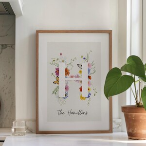 Arte mural personalizado con nombre y carta familiar, regalo personalizado para mamá, póster imprimible, flores silvestres de acuarela