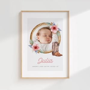 Arte mural con foto de bebé occidental personalizado, póster de nacimiento para recién nacidos, regalo de bautizo para nuevos padres, regalo de vaquera para bebé, impresión digital