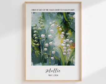 May Birth Flower, Lily of The Valley Personalized Print, Birth Month Flowers May, May Birthday Flower, Custom Christening Gift For Girl