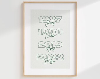 Personalized Family Birth Years & Names Wall Art, Unique Custom Gift for Dad, Minimalist Retro Style, Digital Print Poster