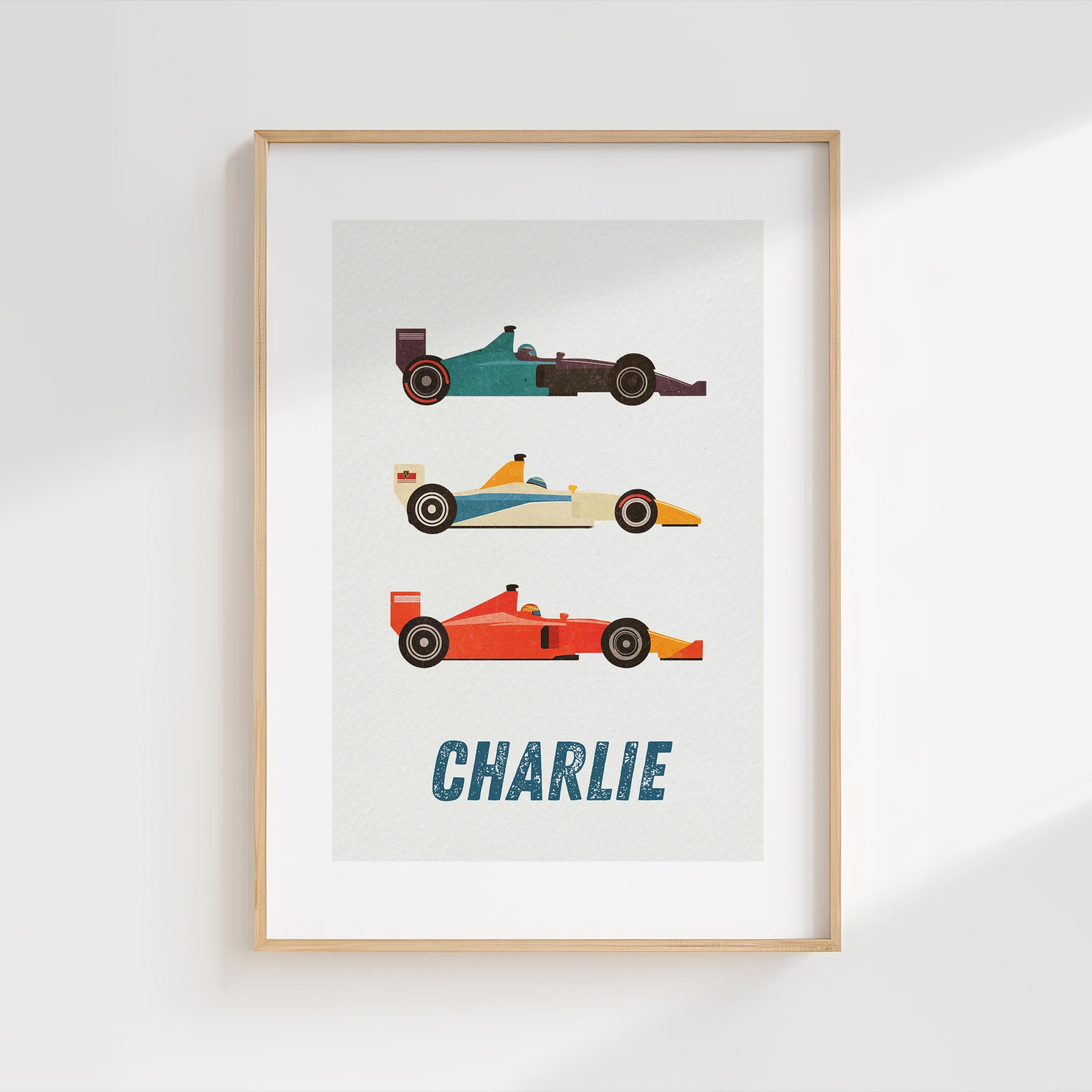 Personalized Kids' Formula Racing Car Name Wall Art, Custom Retro Sports Car Gift For Children, Digital Printable Poster, Kids Room Decor