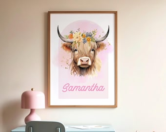 Highland Cow Nursery Art Print, Personalized Gifts, Farm Nursery Decor, Coastal Cowgirl Decor, Digital Wall Art, Light Pink Wall Art