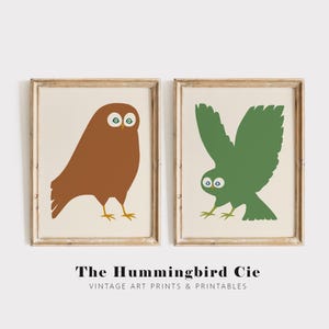 May include: Two framed art prints featuring stylized owl illustrations. One owl is brown, the other is green, both with blue and white eyes. The prints are on a cream background, with a wooden frame. The text "The Hummingbird Cie" is at the bottom.