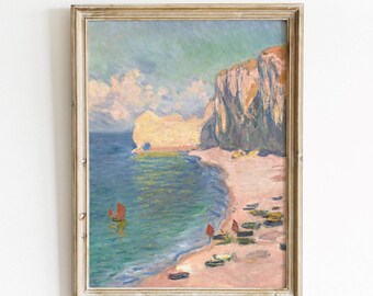 Claude Monet, The beach and the falaise - Antique reproduction art print, Colorful painting, Beach wall art, Nautical decor, MAILED PRINT
