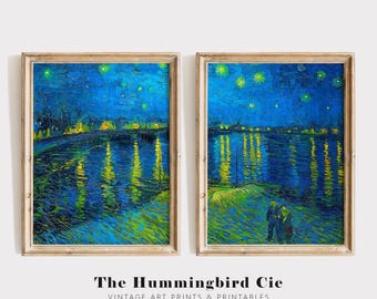 Vincent Van Gogh, Starry night - Set of two, Antique reproduction art print, Colorful vintage painting, Sailboat wall art, DIGITAL DOWNLOAD