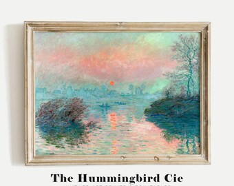 Claude Monet, Sunset on the Seine - Vintage reproduction art print, Colorful antique painting, Seaside art, Coastal decor, DIGITAL DOWNLOAD