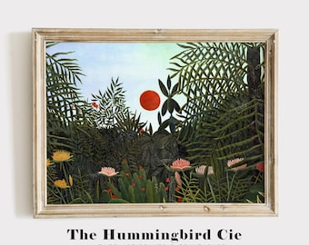 Henri Rousseau, Jungle with setting sun - Vintage reproduction art print, Colorful painting, Jungle wall art, Forest decor, DIGITAL DOWNLOAD