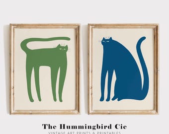 Colorful cats print, Set of two, Modern art print, Vibrant drawing, Abstract illustration, Abstract wall art, Animal art decor, MAILED PRINT