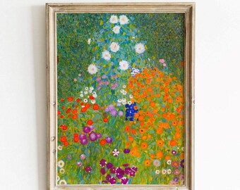 Gustav Klimt, Jardín de la cabaña - Impresión artística de reproducción vintage, Pintura antigua brillante, Arte mural florido, Decoración artística de jardín, DESCARGA DIGITAL