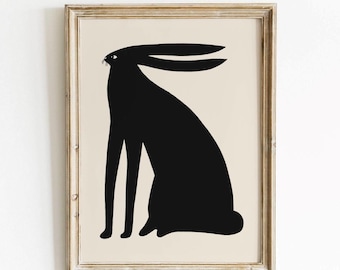 Black bunny print - Modern art print, Black and white hare drawing, Animal illustration, Mid century wall art, Abstract decor, MAILED PRINT