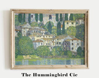 Gustav Klimt, Church in Cassone - Vintage reproduction art print, Colorful painting, Cityscape wall art, Coastal art decor, DIGITAL DOWNLOAD