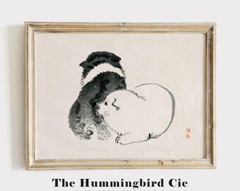 Japanese Dog Painting Art Print, Puppies, Puppy Wall Art, Antique