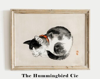 Kono Bairei, Sleeping cat - Antique reproduction art print, Soft tones vintage painting, Japanese wall art, Kitten art decor, MAILED PRINT