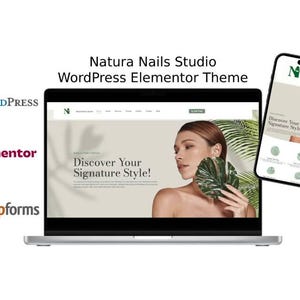 May include: A laptop and smartphone display a website design. The laptop screen shows a woman holding a leaf, with the text "Discover Your Signature Style!". The phone mirrors the design. The image includes the text "Natura Nails Studio WordPress Elementor Theme".