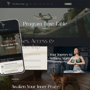 Könnte beinhalten: Ein Website-Design für Zen Shore Yoga, mit einem Mobiltelefon, das den Stundenplan der Website anzeigt. Das Design umfasst Bilder von Yoga-Posen, Text und Navigationselemente. Die Website wirbt für Yoga-Kurse und Mitgliedschaften.