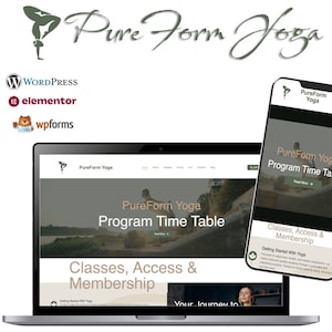 Peut inclure: Un ordinateur portable et un smartphone affichent le site Web Pure Form Yoga. L'écran de l'ordinateur portable affiche un tableau des horaires des programmes et des informations sur les cours, l'accès et l'adhésion. Le smartphone affiche les mêmes informations. Le logo représente une posture de yoga.