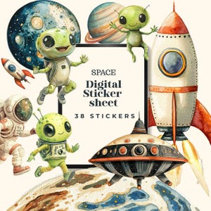 Puede incluir: Hoja de pegatinas digitales de acuarela con ilustraciones de temática espacial. Incluye extraterrestres, planetas, cohetes y una nave espacial. El texto en la hoja dice "SPACE Digital Sticker sheet 38 Stickers."