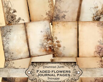 Faded flowers and plain / blank pages, junk journal digital download printable, neutral, October, fall, autumn,