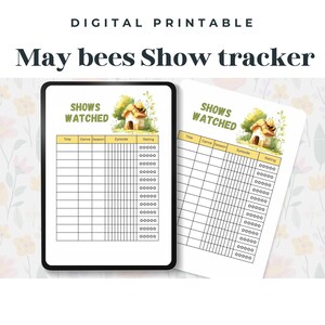 May include: Printable digital tracker for keeping track of shows watched. The tracker has a beehive and bee illustration and the text "Shows Watched".