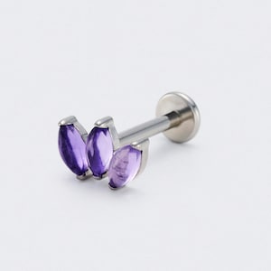 Purple Amethyst Triple Marquise Titanium Labret Earring Stud in Silver for Tragus/Rook/EarLobe/Helix/Daith/Conch/Anti-Tragus/Gift/1pc