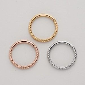 May include: Three gold, rose gold, and silver twisted hoop earrings. The hoops are seamless and have a polished finish.