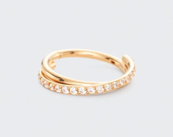 16G Twisted Gold Crystal Side Paved Hinged Segment Clicker Ring - Titanium Earring Hinged Septum Hoop Daith Clicker Gift