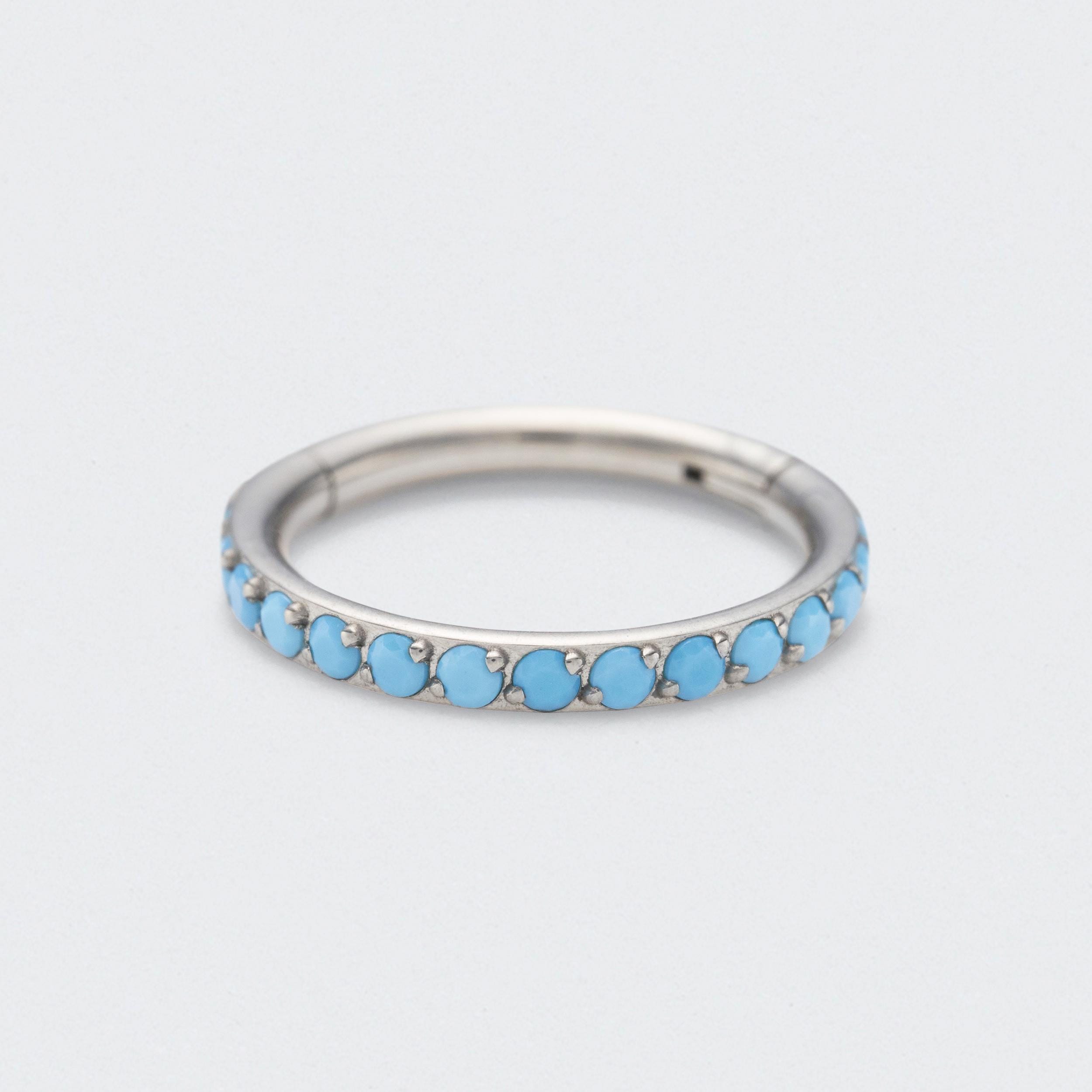 16G Turquoise Paved Side Facing Hinged Segment Clicker Ring in Silver - Titanium Nose/Tragus/Daith/Rook Piercing/Septum/Cartilage/Gift