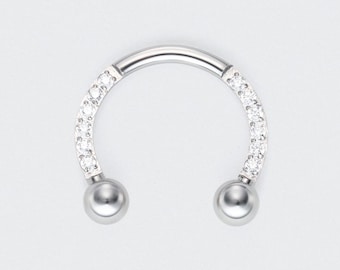 16G Titanium Circular Barbell with CZ Stones, Horseshoe Septum Ring in Silver