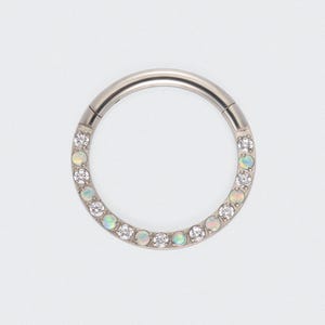 Anneau clicker segment frontal 16G opale blanche et cz incolore en argent - Titane pour nez/lobe d'oreilles/septum/hélice/daith/hypoallergénique/cadeau