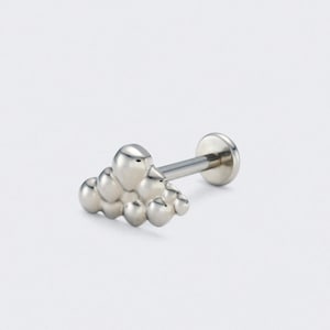 May include: A silver cloud-shaped earring with a flat back and a straight post. The earring features a cluster of rounded shapes, resembling a cloud. The post is designed for piercing and is suitable for various ear piercings.