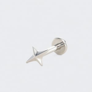 May include: A silver-colored, star-shaped earring with a flat, circular backing. The star has four points and a smooth, reflective surface. The earring is designed for body piercing and is shown against a white background.