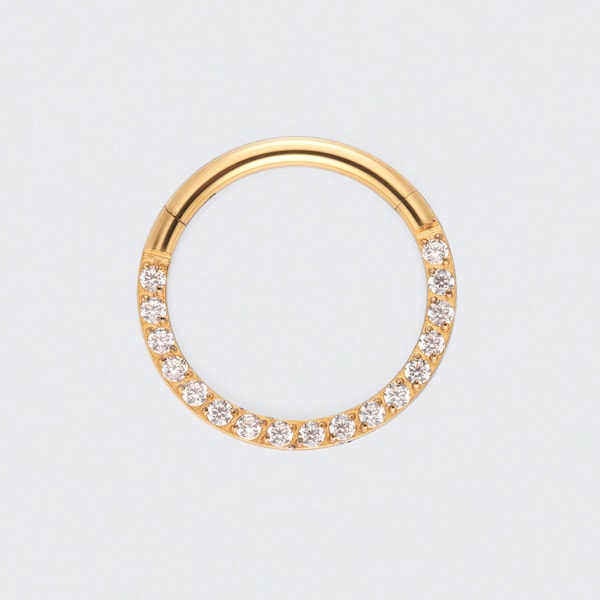 Gold Segment Hinged Clicker Ring With CZ Front Facing 16g (1.2mm) ASTM F136 Titanium grade for Daith, Cartilage, Eyebrow, Helix, Septum