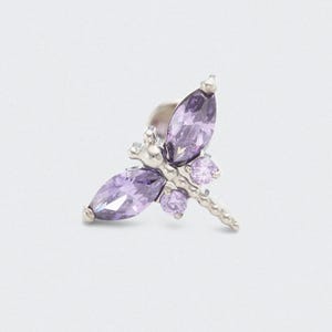 Purple Amethyst Crystal Dragonfly Titanium Labret Earring Stud in Silver for Tragus/Rook/EarLobe/Helix/Daith/Conch/Anti-Tragus/Gift/1pc