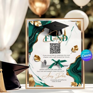 May include: A graduation announcement in a gold frame, featuring a black mortarboard and emerald green design. The announcement includes the words "College Fund" and a QR code. The name "Avery Davis" and "University of California Class of 2026" are also displayed.