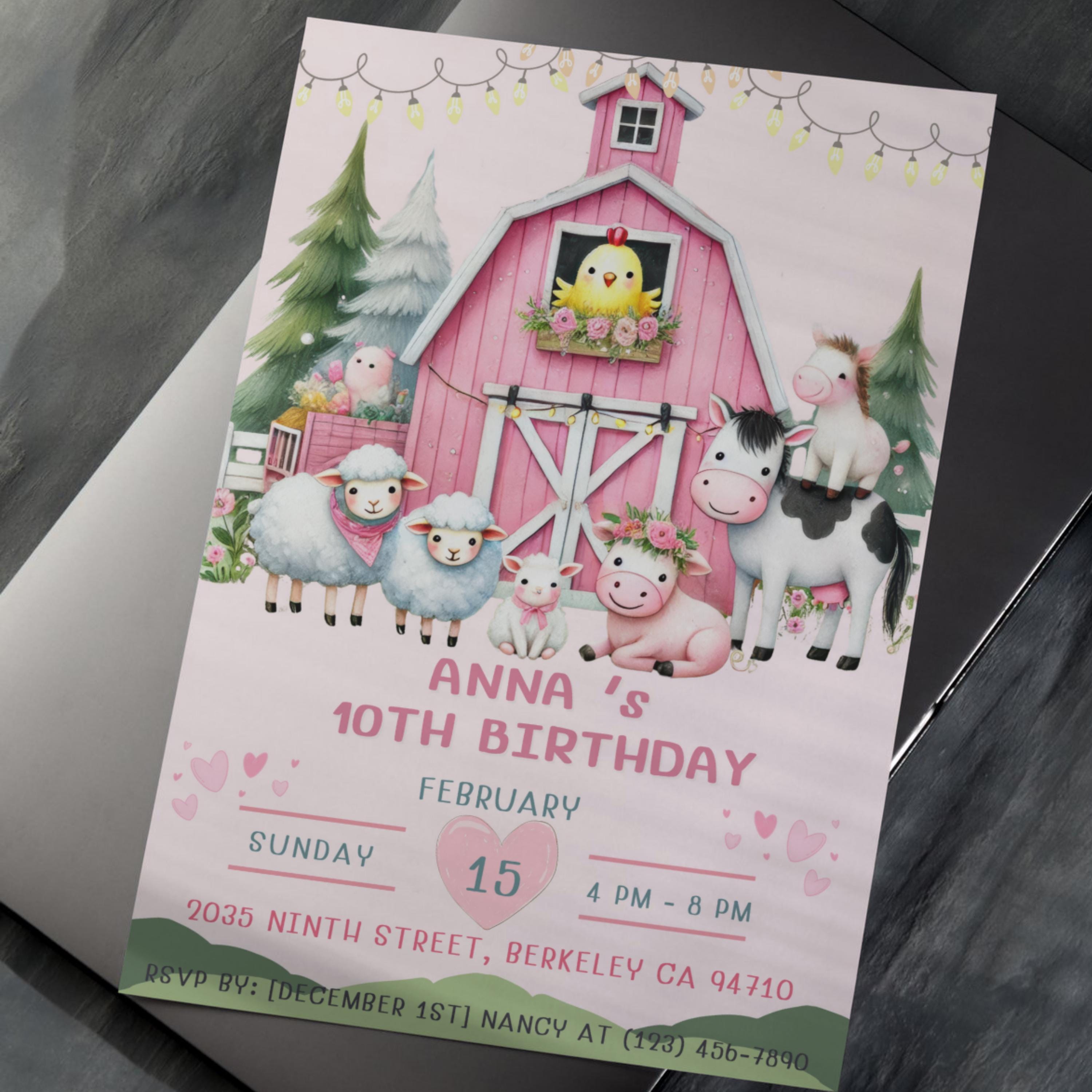 Editable Pink Farm Birthday Invitation Template, Pink Barnyard Theme ...