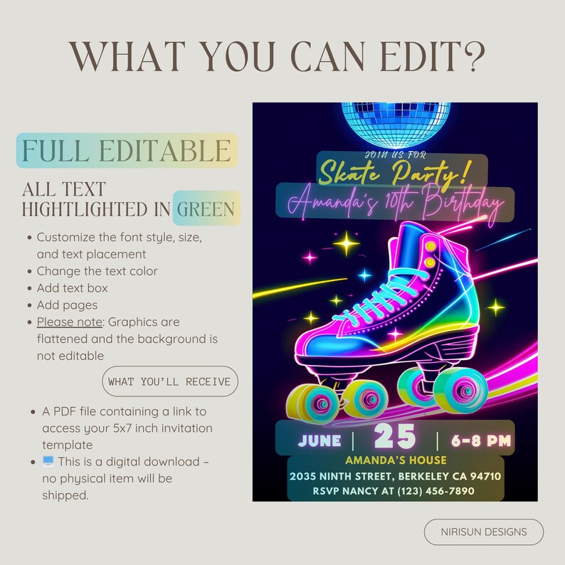 Editable roller skate birthday invitation with neon glow design and disco ball. Canva template for kids or teen party printable digital download. roller skate birthday, neon birthday invite, skate party invitation, editable invite, Canva template, disco birthday invite, glow party invitation, girls birthday invite, boys birthday invite, printable invite, kids birthday invite, teen party invitation, roller rink invite