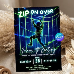 Zipline Rope Course Outdoor Birthday Invitation, Adventure Neon Glow Birthday Party Invite for Kids Teens, Editable Template, Printable