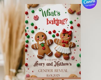 May include: A sign for a gender reveal party with gingerbread people, red and green candies, and the text "What's baking?" The sign reads "Welcome to Avery and Mathew's Gender Reveal 11.01.2025". A Canva template logo is in the upper right corner.