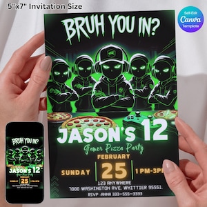 Videospiel- und Pizza-Partyeinladungen, Gamer-Geburtstagseinladung, bearbeitbare Canva-Vorlage, digitaler Download, Neon-Gaming-Party-Einladungskarte