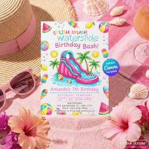 Waterslide Birthday Invitation, Pool Party, Summer Bash (Editable Canva Template) Splish Splash Party Invite, Printable or send Digital