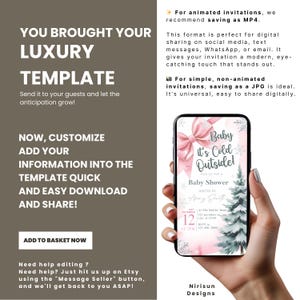 K&ouml;nnte beinhalten: Ein Smartphone zeigt eine Babyparty-Einladungsvorlage mit einer rosa Schleife, dem Text "Baby it's Cold Outside!" und einer Grafik eines Weihnachtsbaums. Die Einladung wird in einer Hand gehalten. Auf der linken Seite steht "Luxury Template".